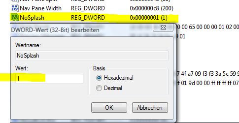 Splash Screen abschalten Registry