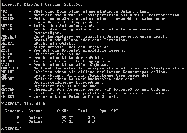 Diskpart Eingabeaufforderung