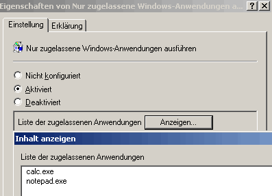 Eigenschaften von nur zugelassene Windows-Anwendung