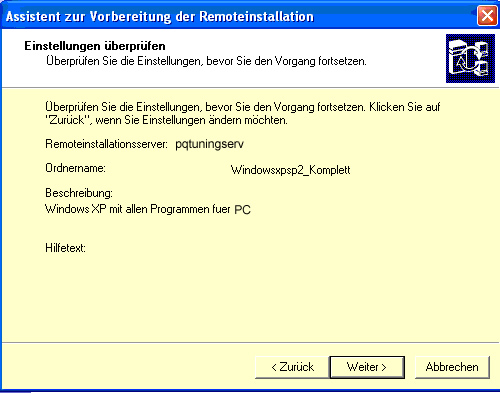 Assistent zur Vorbereitung der Remoteinstallation