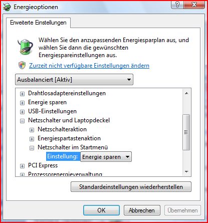 Energieoptionen direkt herunterfahren
