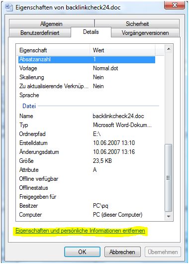 Eigenschaften und persönliche Informationen entfernen