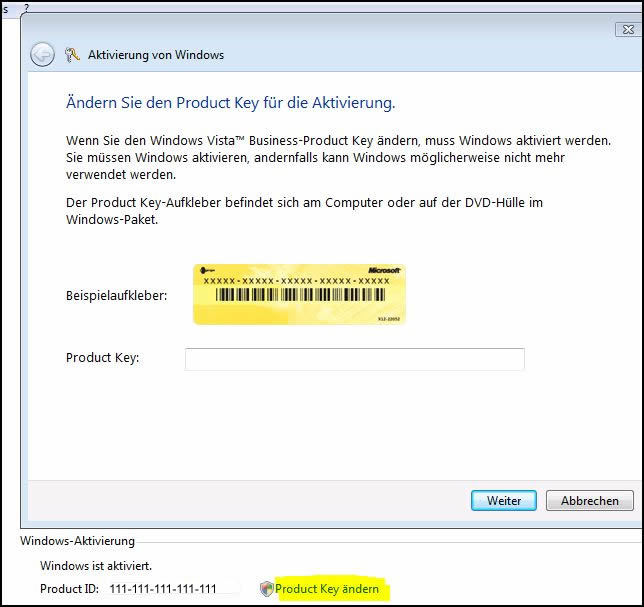 Productkey ändern