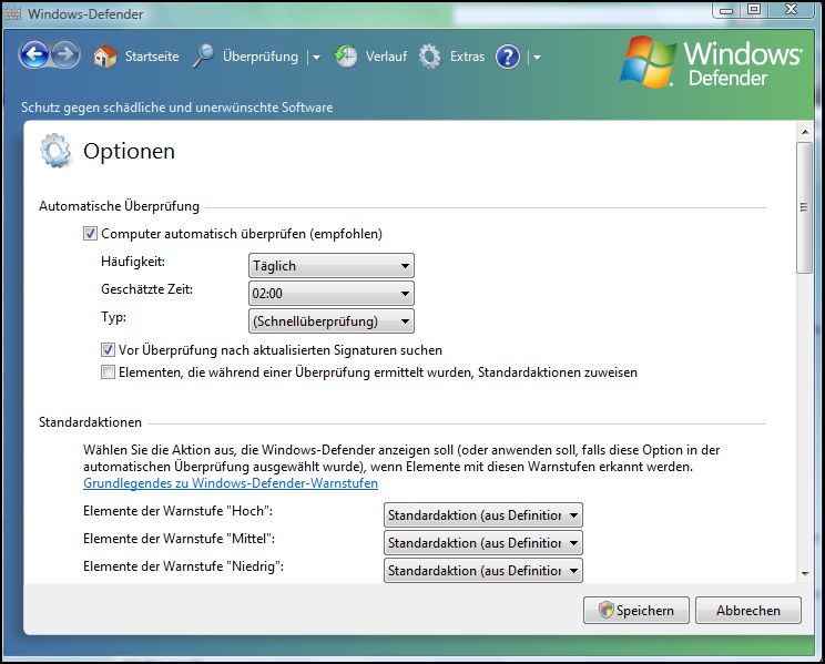 Windows Defender Optionen