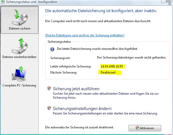Sicherungsstatus und -konfiguration