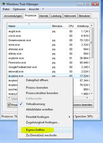 Taskmanager-Eigenschaften