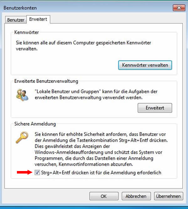 Anmeldung mit STRG + Alt + Entf