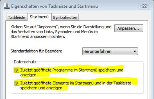 Eigenschaften von Taskleiste und Startmenü