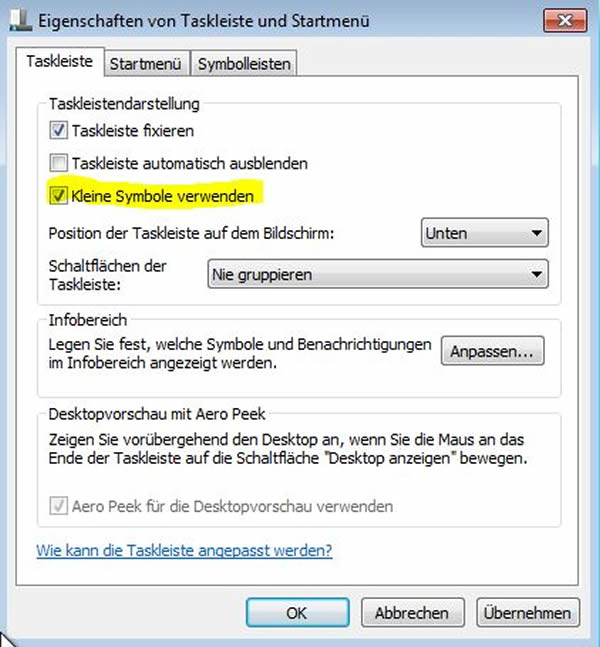 Eigenschaften der Taskleiste und Startmenü