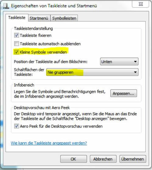 Eigenschaften von Taskleiste und Startmenü