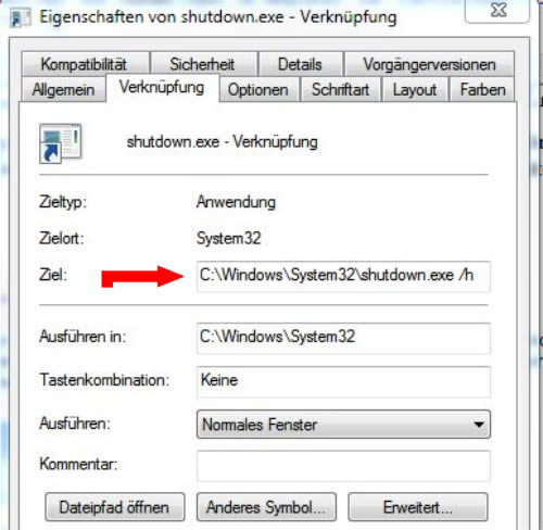 Eigenschaften von shutdown.exe
