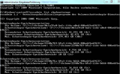 vssadmin Eingabeaufforderung
