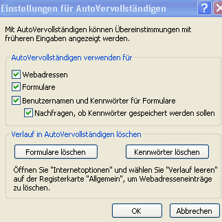 Einstellungen für Auto Vervollständigung