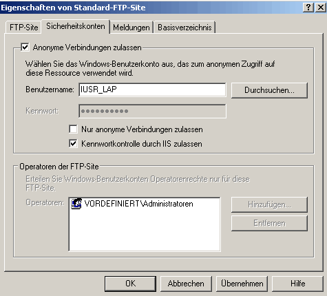 Eigenschaft von Standard-FTP-Site - Sicherheitskonten