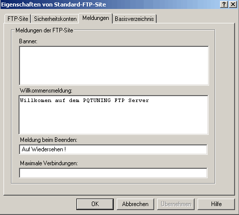 Eigenschaft von Standard-FTP-Site - Meldungen