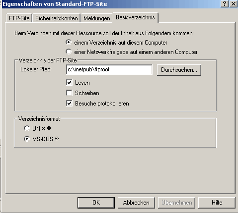 Eigenschaft von Standard-FTP-Site - Basisverzeichnis